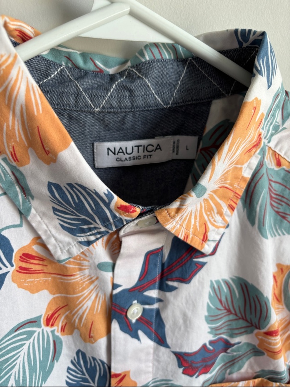 Nautica White Short-Sleeve Button-Up with Orange Floral & Teal Leaves - Picture 2 of 4
